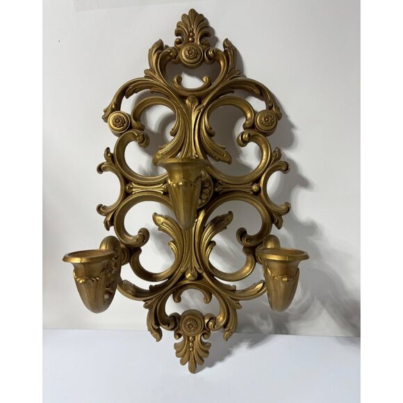 Vtg 1978 Syroco Triple Gold Ornate Wall Sconce Candle Holder‎ Hollywood Regency - Picture 1 of 6
